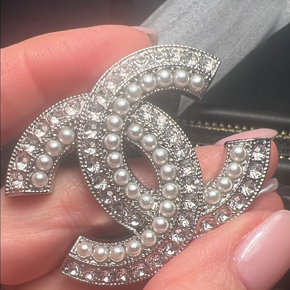 Pearl & Crystal C Logo Brooch in Silver Tone